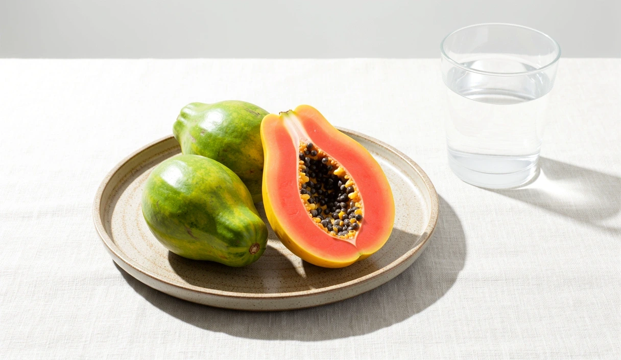 Frutas frescas y agua sobre lino en un ambiente luminoso